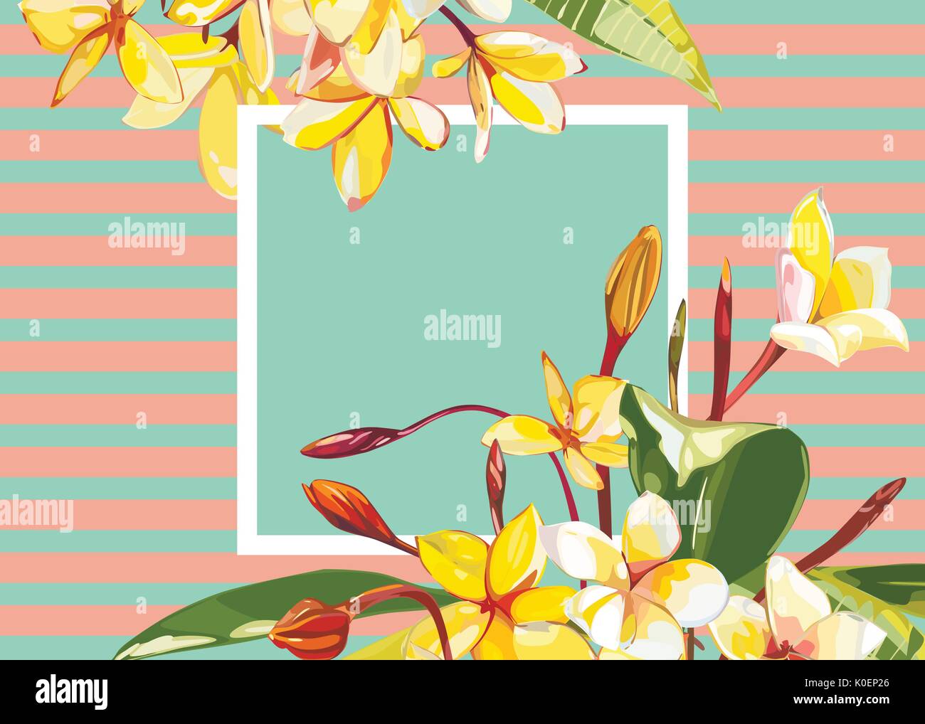 Floral frame with Plumeria flowers on light background. Greeting card or template for wedding's Day design. EPS 10 Stock Vector