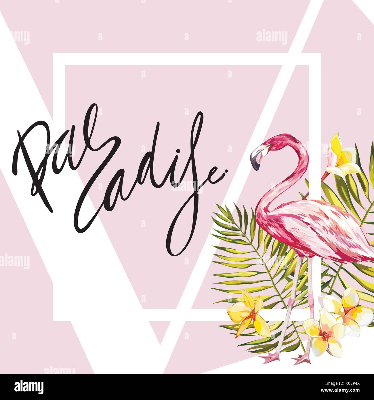 Banner, poster with flamingo, palm leaves, jungle leaf. Beautiful vector floral tropical summer background. Lettering composition - Paradise. EPS 10 Stock Vector