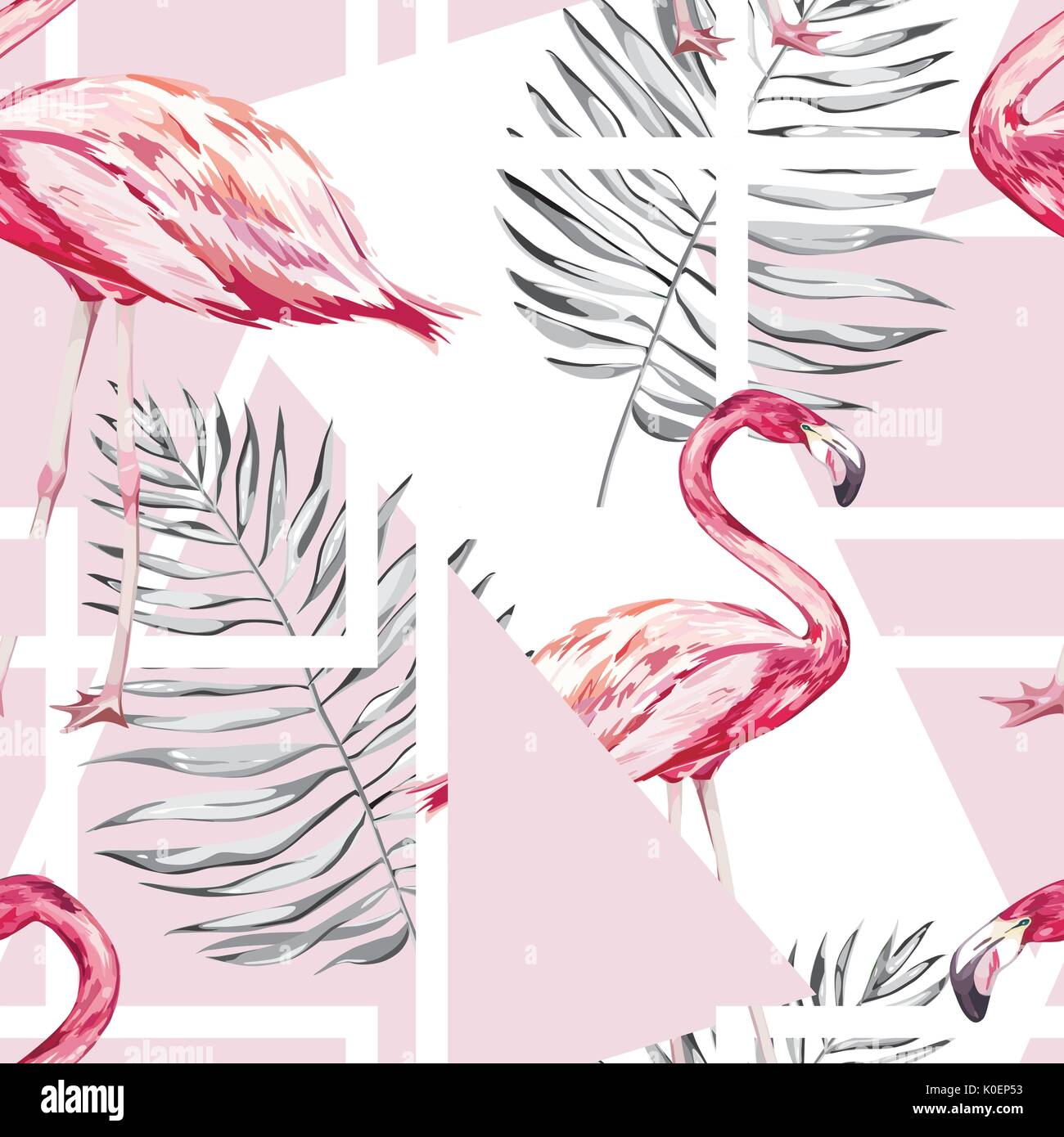 Seamless pattern with tropical Flamingo and leaves. Element for design of invitations, movie posters, fabrics and other objects. Isolated on white. Geometry set. Vector EPS 10 Stock Vector
