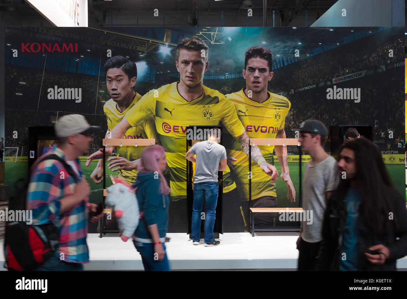 Cologne, Germany. 22nd Aug, 2017. Germany, Cologne, August 22, 2017, Gamescom: Booth of Borussia Dortmund BVB Edition of Konami. Credit: Juergen Schwarz/Alamy Live News Stock Photo