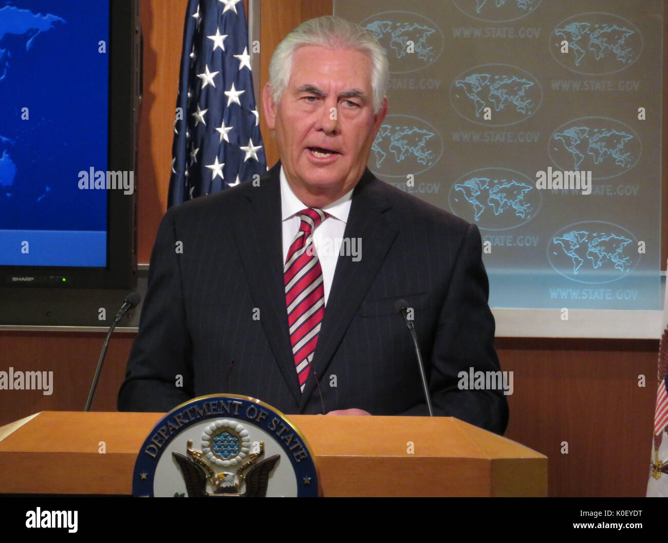 Washington, USA. 22nd Aug, 2017. U.S. Secretary of State Rex Tillerson speaks during a press briefing in Washington, DC, the United States, Aug. 22, 2017. Rex Tillerson on Tuesday welcomed 'some level of restraint' showed by the Democratic People's Republic of Korea with its nuclear program, seeing a possible pathway to a future talk between Washington and Pyongyang. Credit: Guo Yina/Xinhua/Alamy Live News Stock Photo