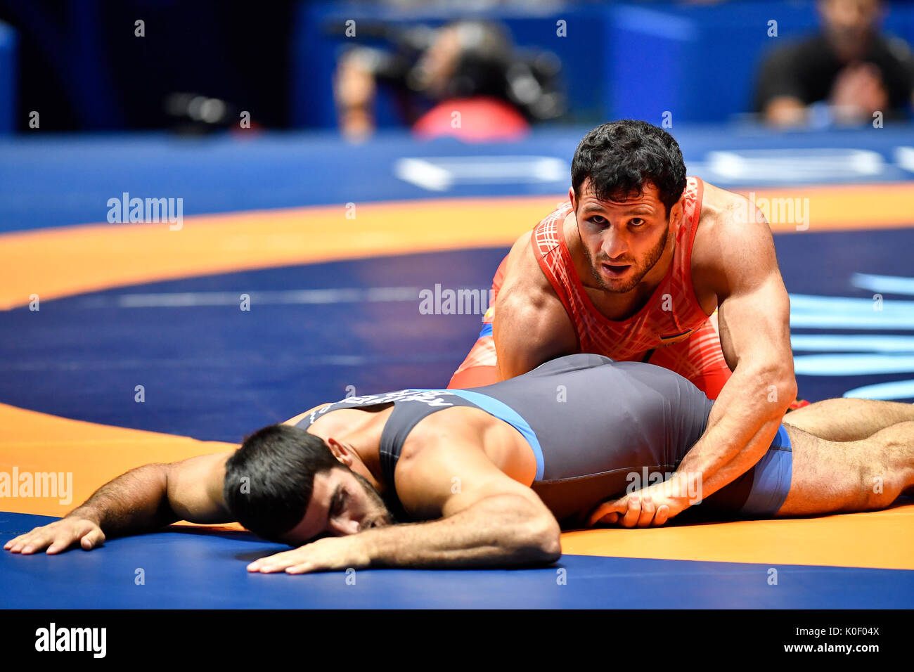 Paris, France. 22nd Aug, 2017. Maksim Manukyan (Top) of Armenia competes  with Radzik Kuliyeu of Belarus during the final match of men's 80kg  Greece-Roman wrestling of the FILA World Wrestling Championships in