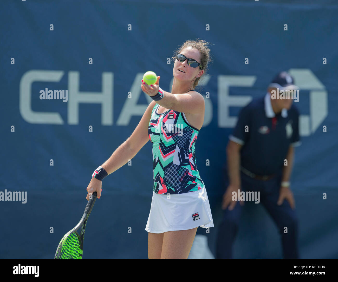 New York, USA. 22nd Aug, 2017. Jamie Loeb of USA serves during qualifying game against Na-Lae Han of Korea at US Open 2017 Credit: lev radin/Alamy Live News Stock Photo