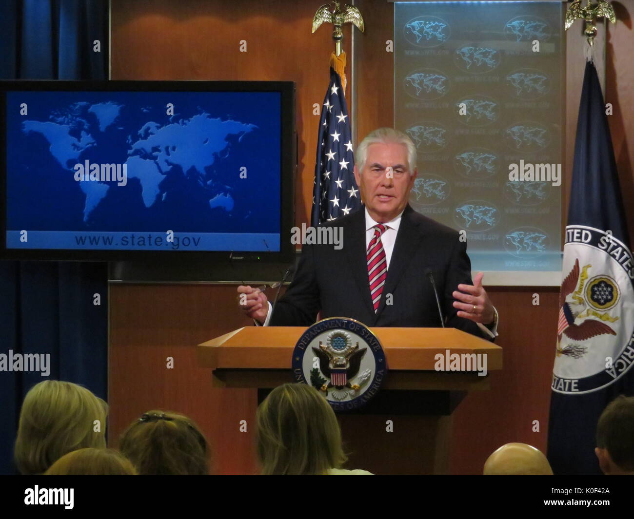 Washington DC, USA. 23rd August, 2017. U.S. Secretary of State Rex Tillerson speaks during a press briefing in Washington D.C., the United States, Aug. 22, 2017. Tillerson on Tuesday welcomed 'some level of restraint' showed by the Democratic People's Republic of Korea with its nuclear program, seeing a possible pathway to a future talk between Washington and Pyongyang. Credit: Xinhua/Alamy Live News Stock Photo