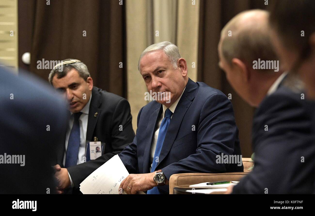 Israeli Prime Minister Benjamin Netanyahu during a bilateral meeting with Russian President Vladimir Putin August 23, 2017 in Sochi, Russia. Stock Photo