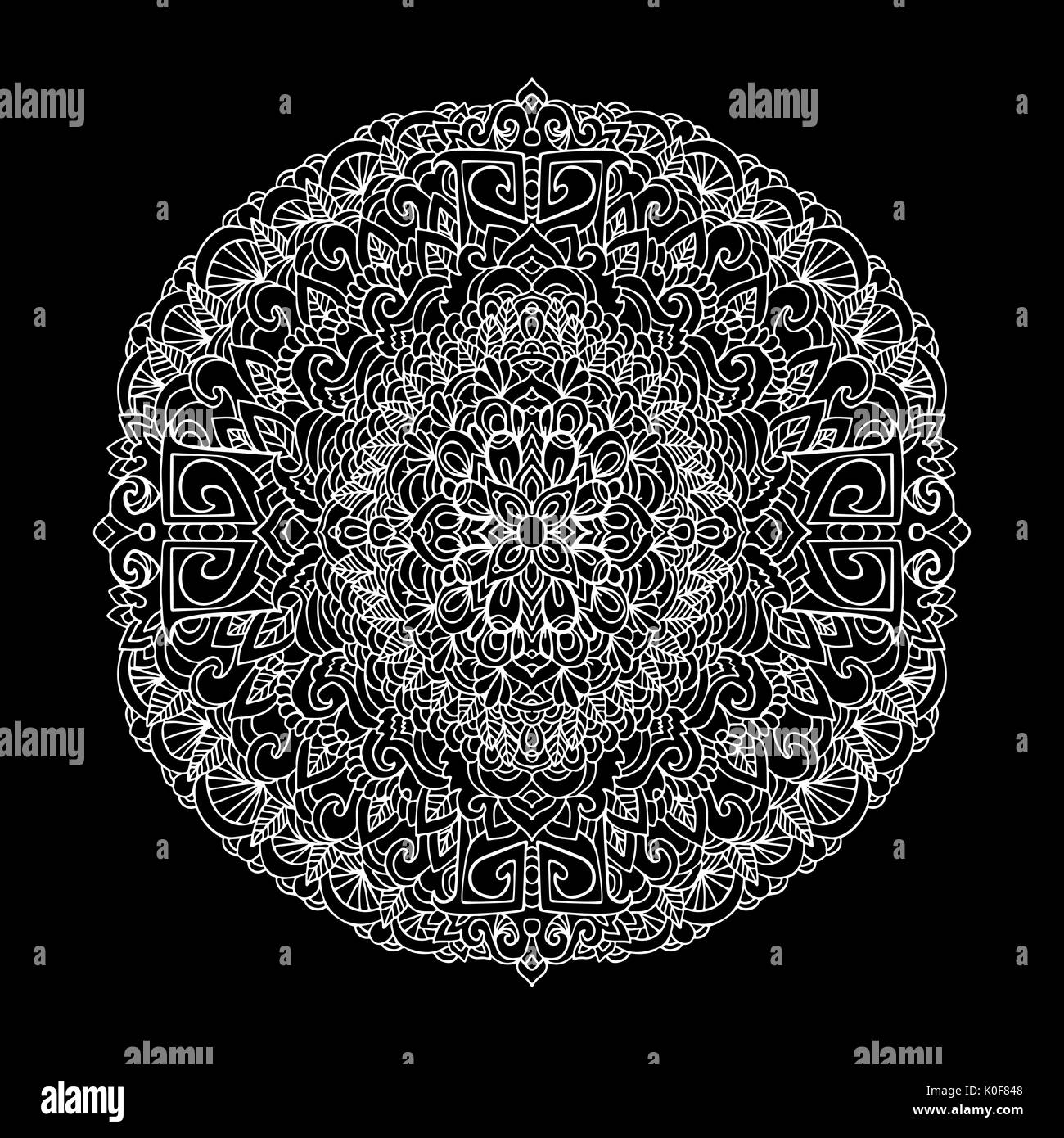 Abstract mandala ornament isolated on black background. Asian pattern. Stock Vector