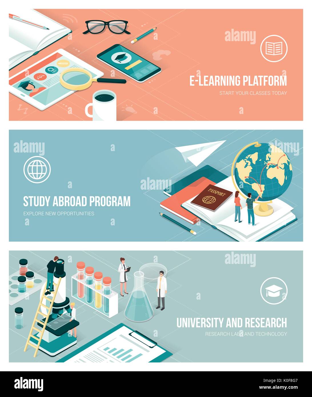 University, research and studying abroad concept with isometric people and objects, banners set Stock Vector