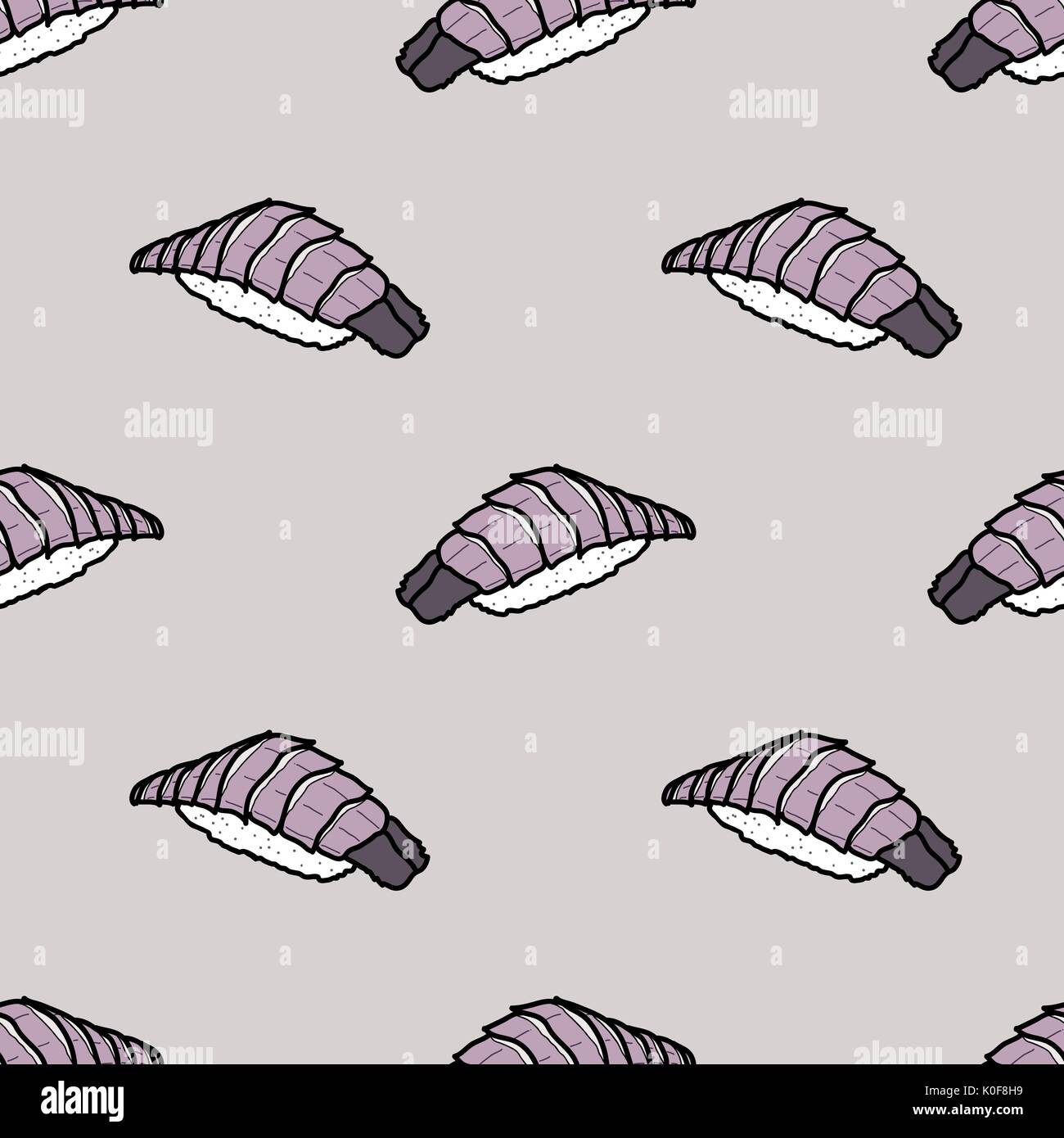 Colorful shako sushi on light purple background. Cute japanese food illustration hand drawn style. Seamless pattern design. Stock Vector