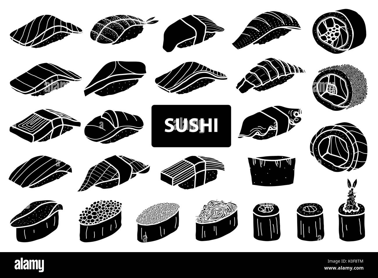 Set of 25 isolated silhouette sushi and roll. Cute japanese food illustration hand drawn style. Stock Vector