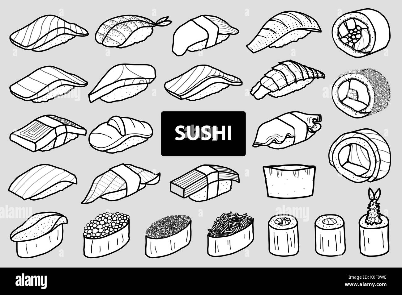Set of 25 isolated sushi and roll in black outline and white plane. Cute japanese food illustration hand drawn style. Stock Vector