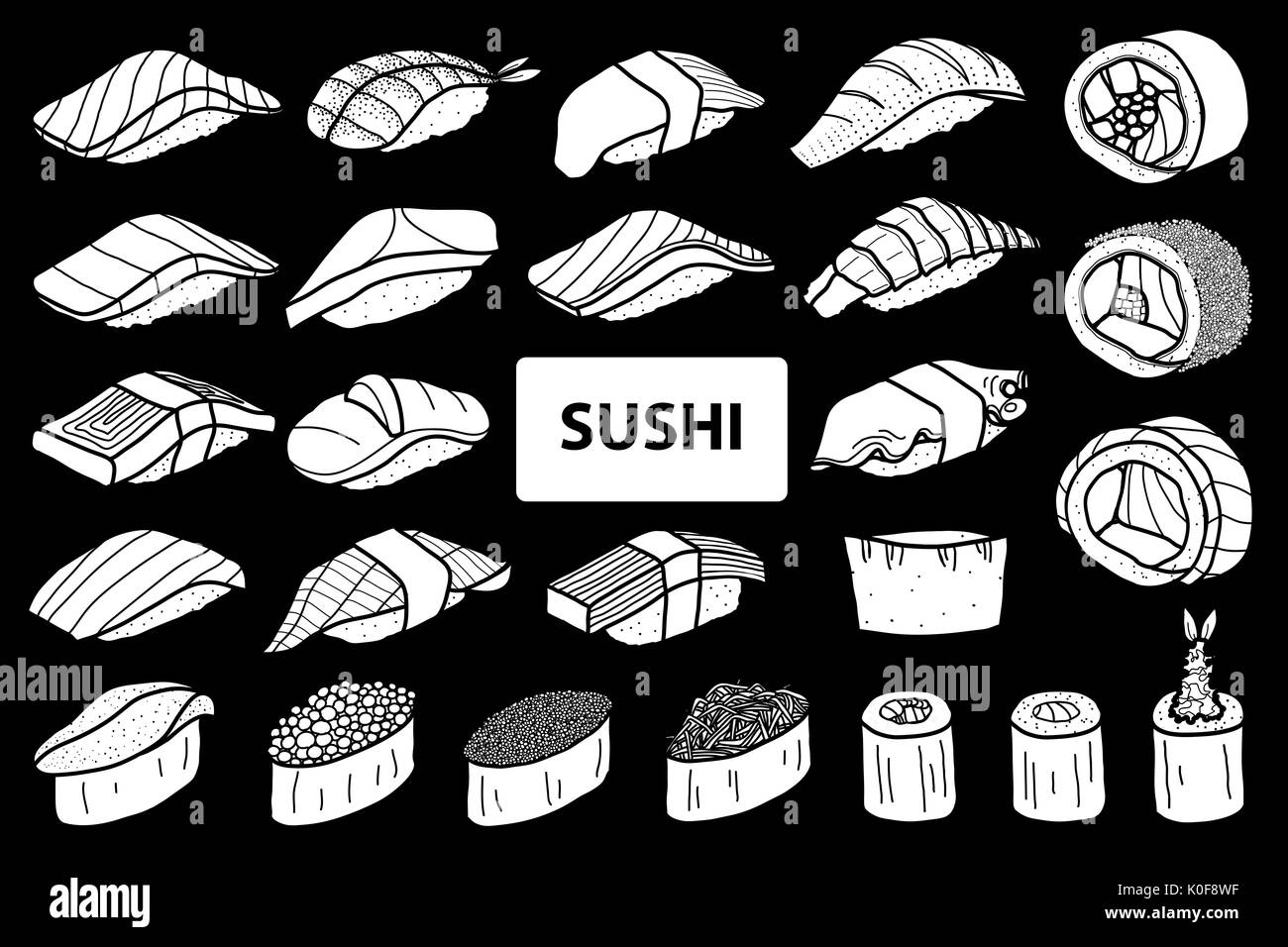 Set of 25 isolated white silhouette sushi and roll. Cute japanese food illustration hand drawn style. Stock Vector