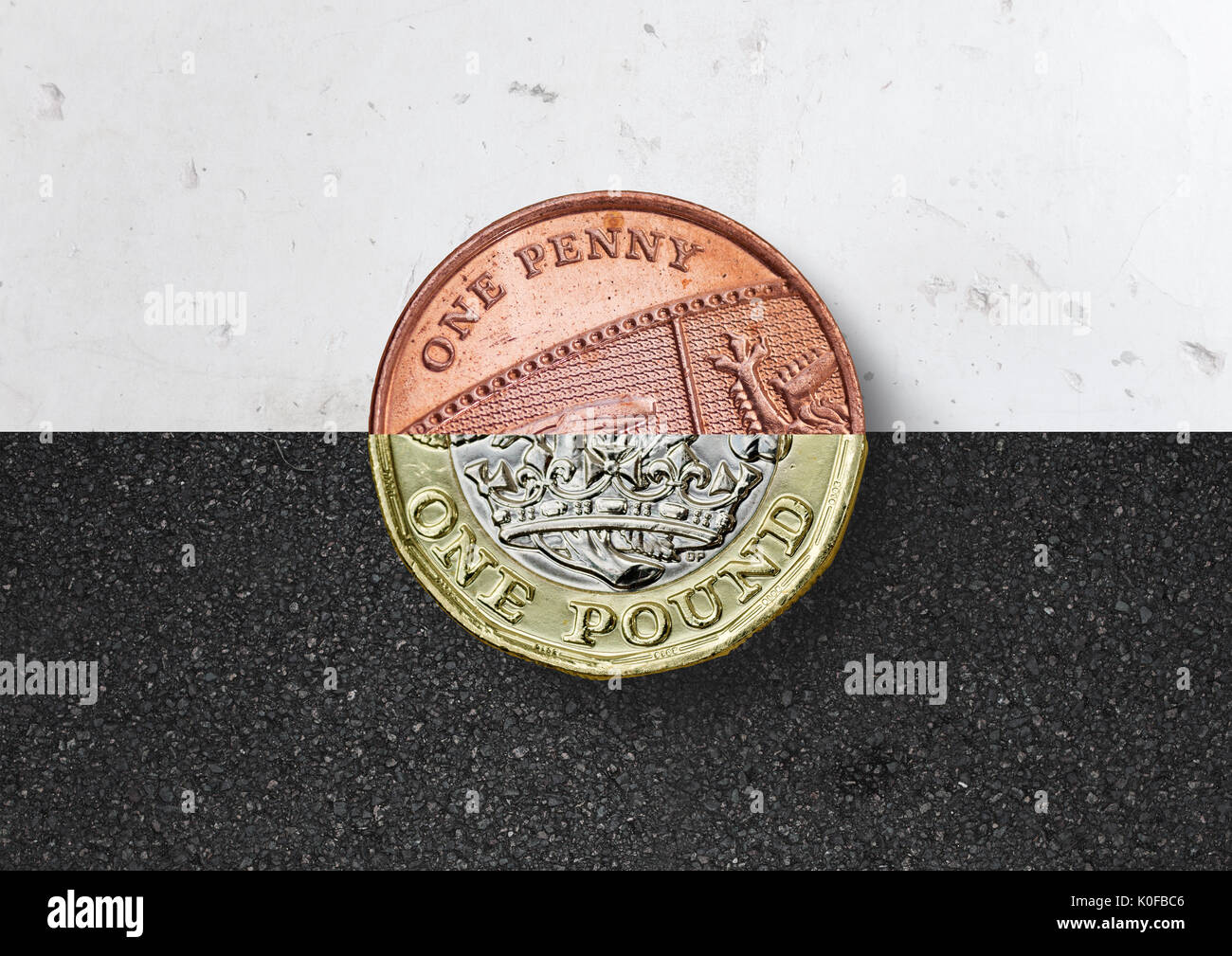 Pennies into Pounds. One half a penny and one half a pound, Money concept. Stock Photo