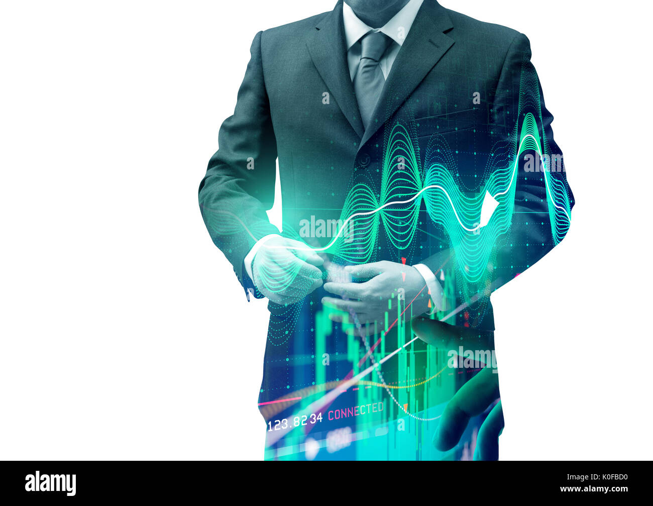 Double exposure businessman with stocks and shares. Investing background. Stock Photo