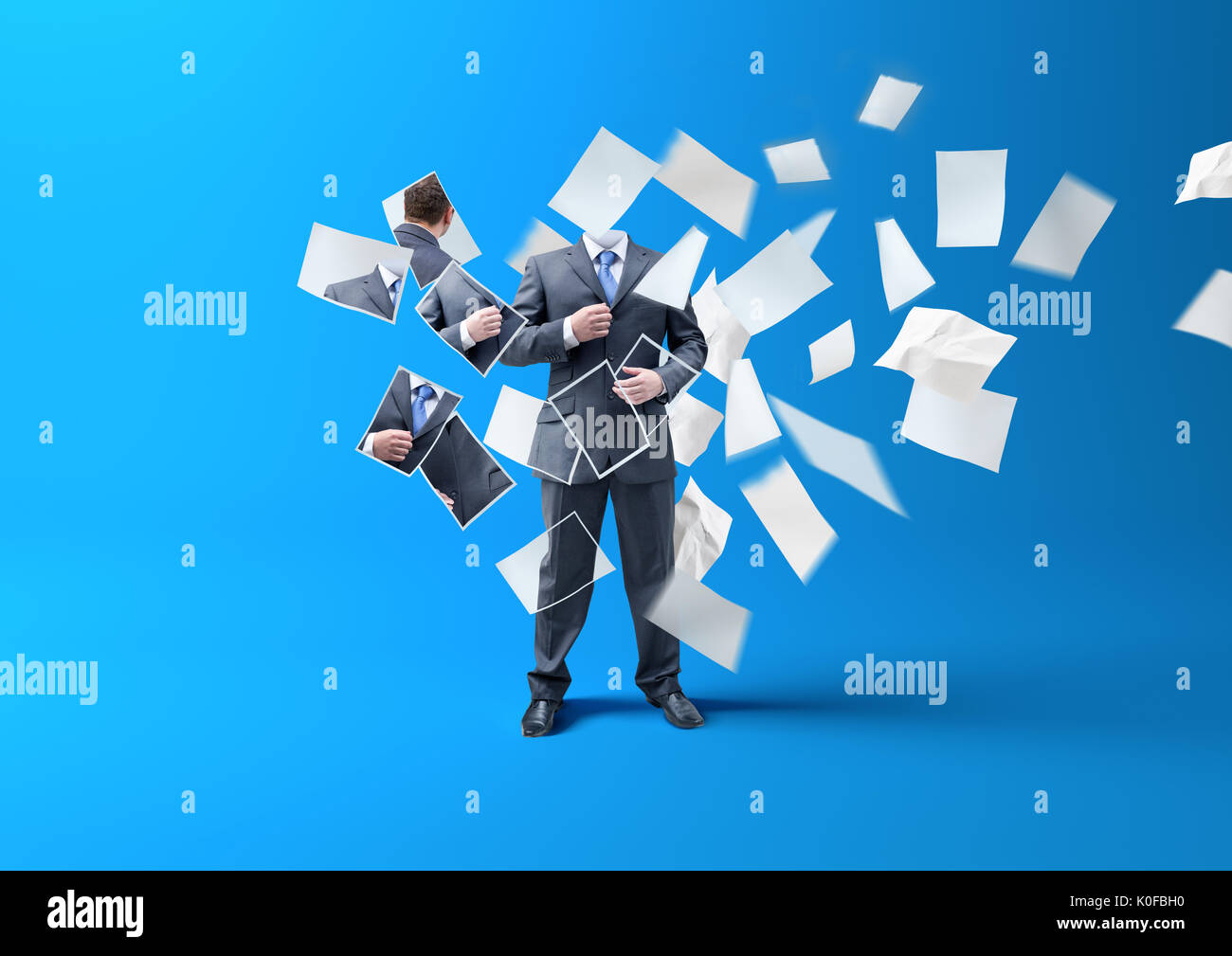 Printing A businessman. A person being made/ lost in printed paper blowing in the wind. business concept. Stock Photo