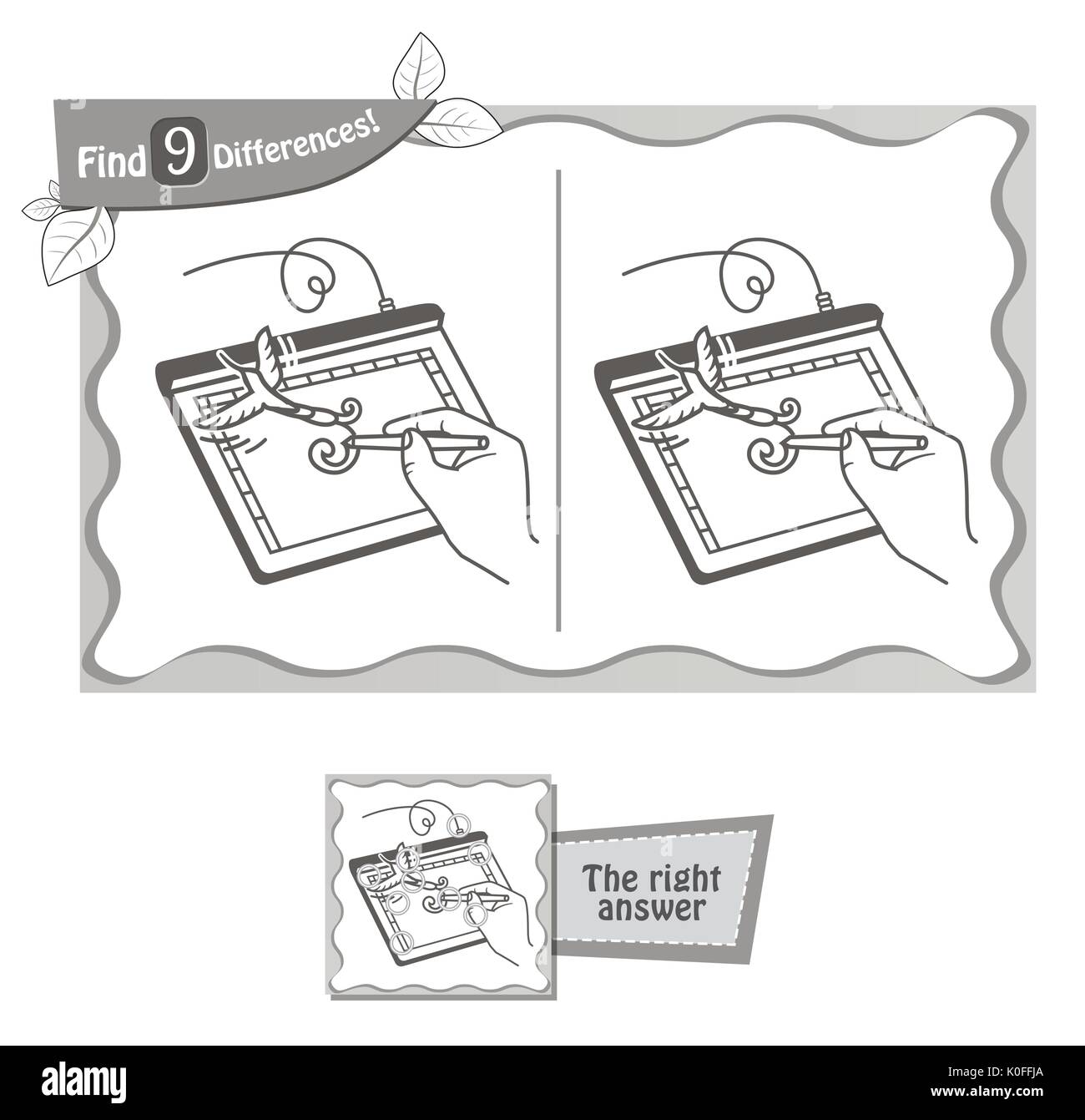 visual game for children and adults. Task to find 9 differences in the illustration on the school board. black and white vector illustration Stock Vector