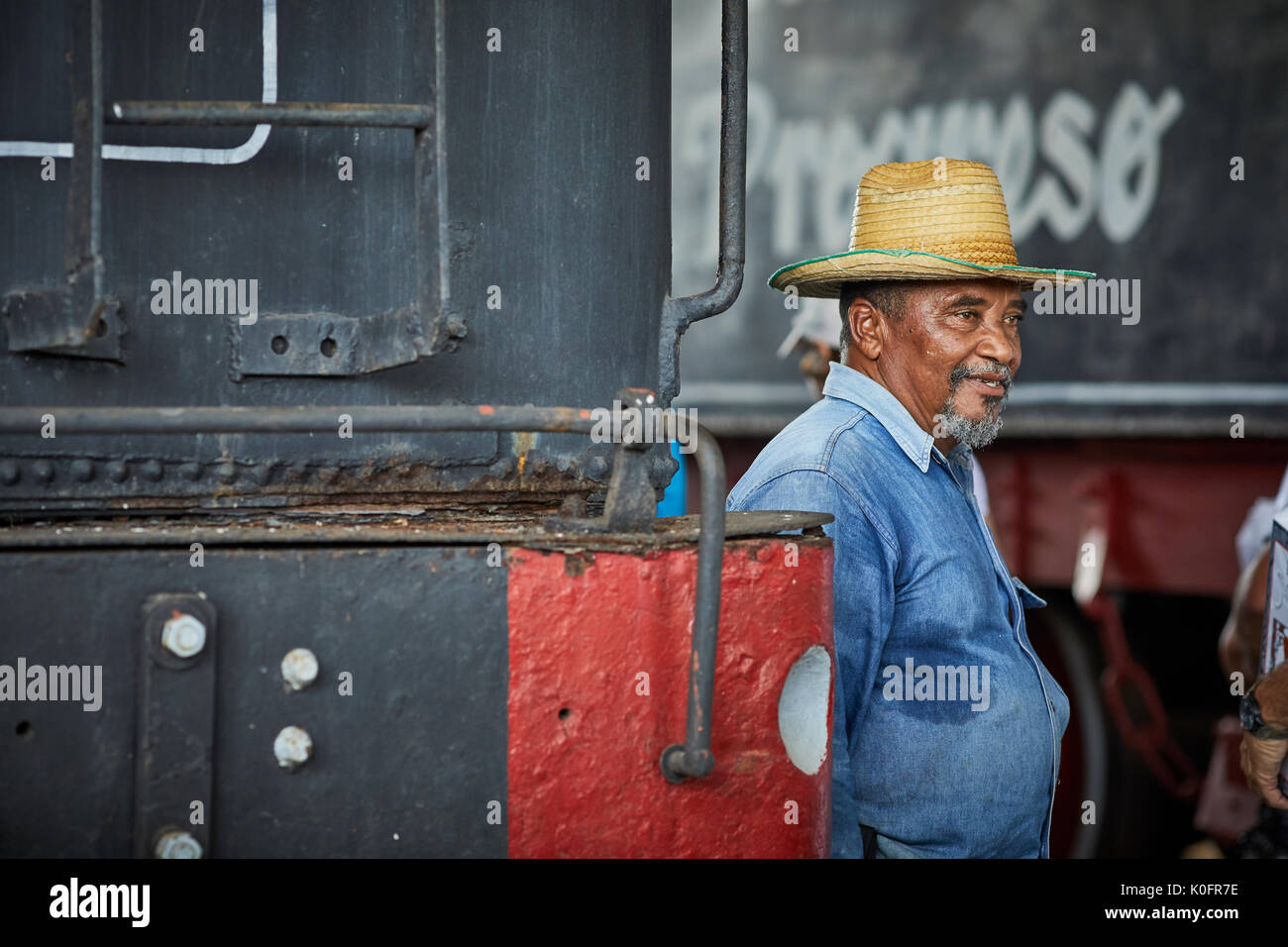 Cuban, Cuba, Cardenas, museum sugar mill of Jose Smith Comas preserved oil run steam locomotives Stock Photo