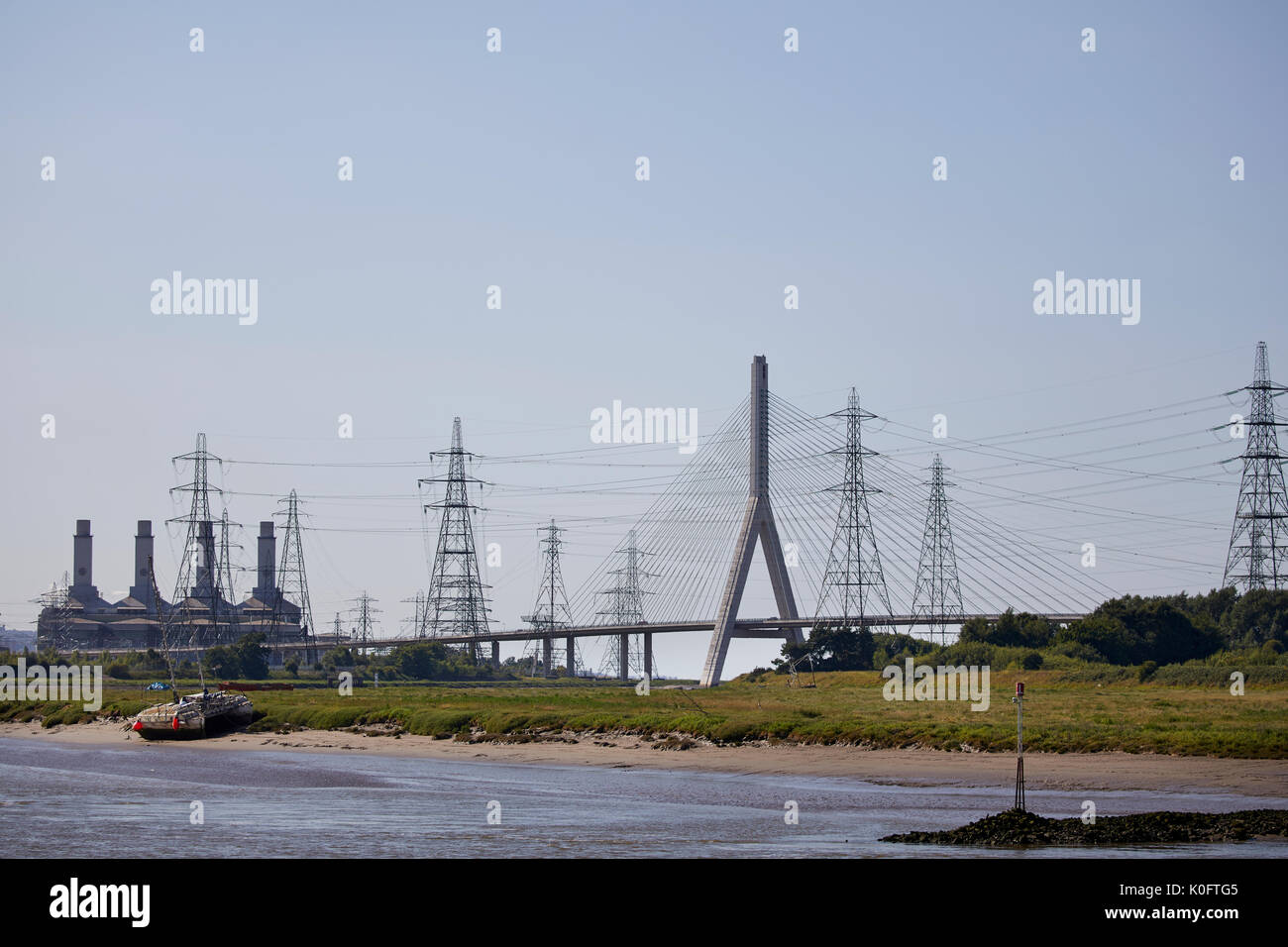 Gas-fired Connah's Quay Power Station  Flintshire in north Wales  south bank of the River Dee framed by Flintshire Bridge cable-stayed  spanning Dee E Stock Photo
