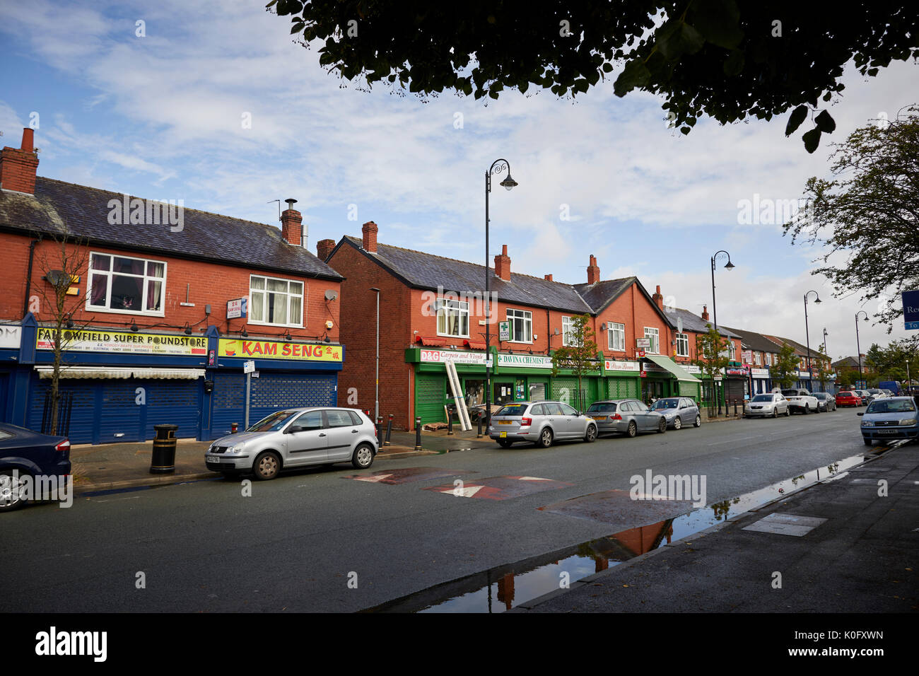 Platt Lane, a shopping parade of local shops in the Manchester suburb