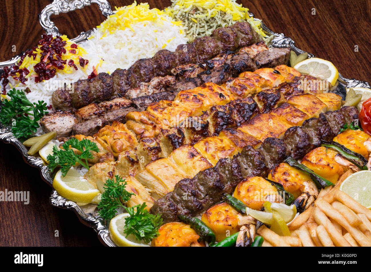 Close up shot of Persian Mix Kebab and Rice Platter Stock Photo