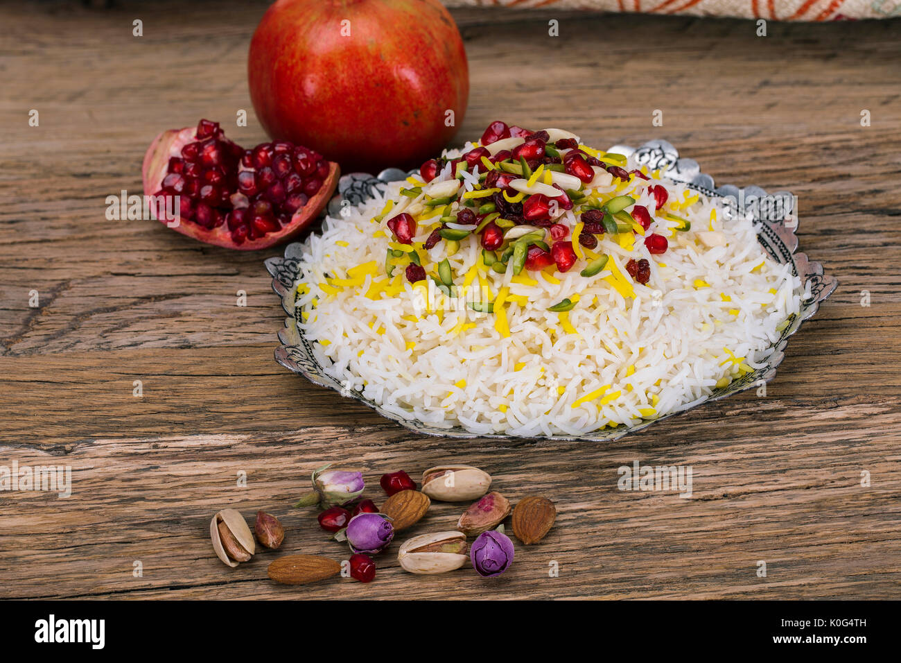 Traditional Persian Dish of Kebab and rice on wooden Table Stock Photo