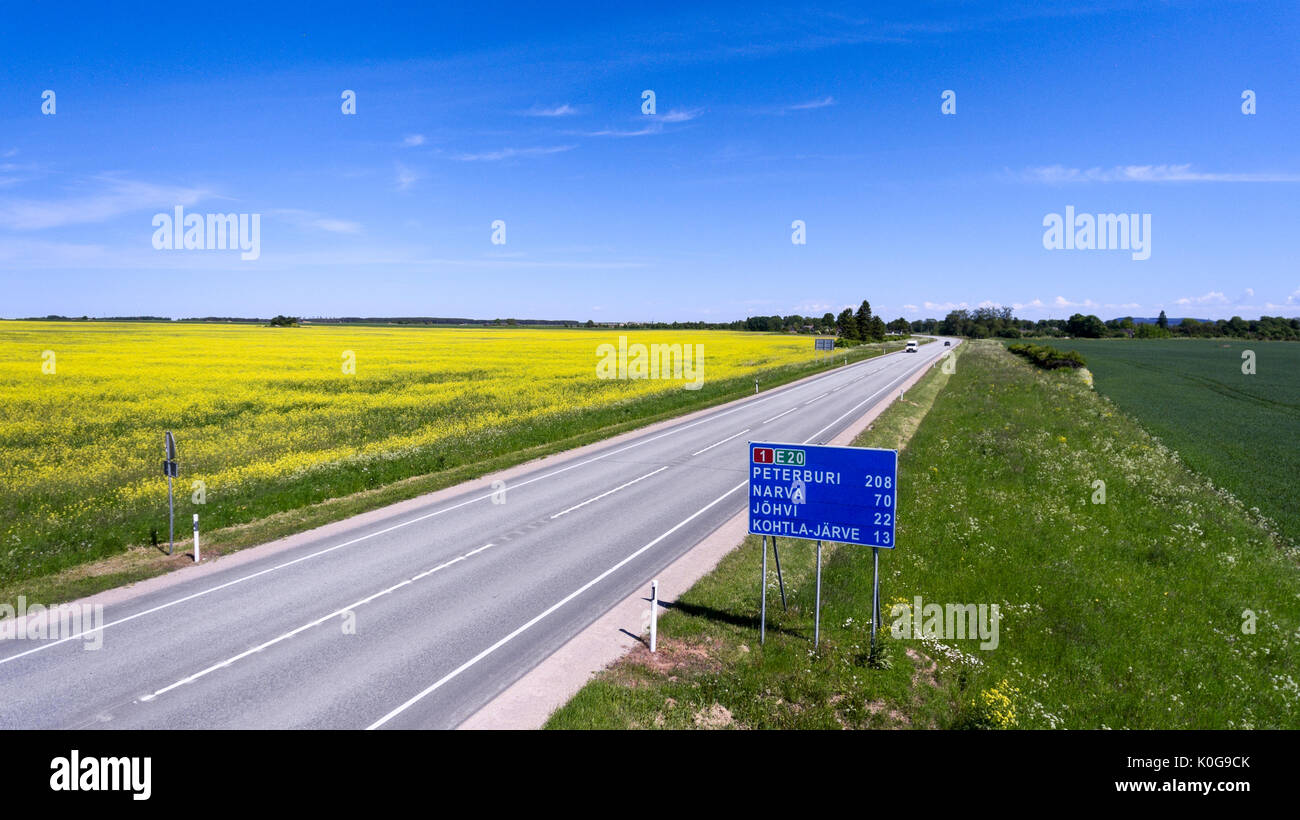 Information signboard with distances is on E20 route from Tallinn to Narva city. E 20 is the part of European national road and the main number 1 in E Stock Photo
