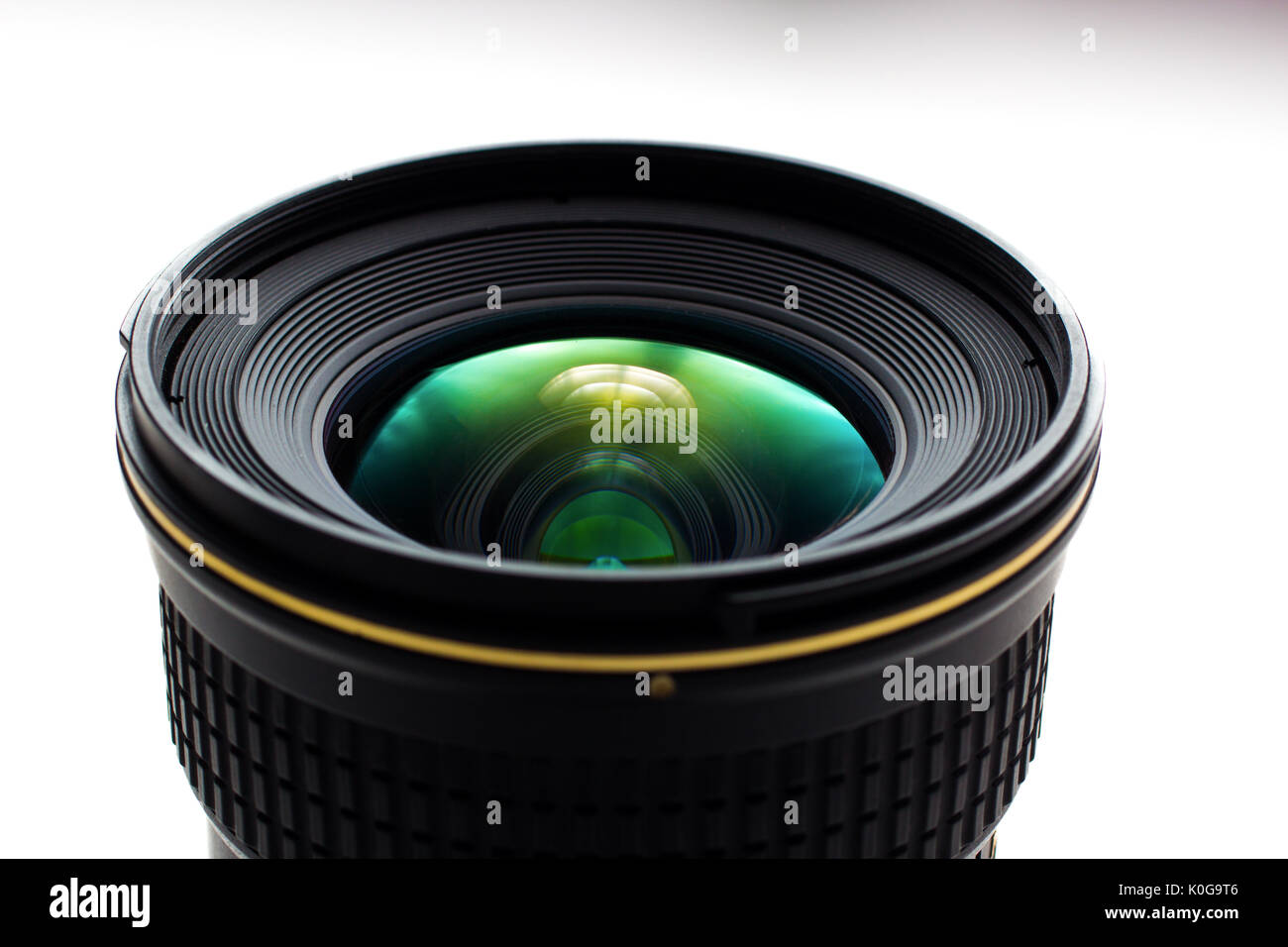 close-up view  of a camera lens on a white background Stock Photo