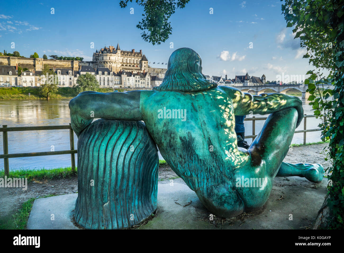 France, Centre-Val de Loire, Ille d'Or, Amboise, bronce sculpture of Leonardo da Vinci in the style of an ancient god by the Italian sculptor Amleto C Stock Photo