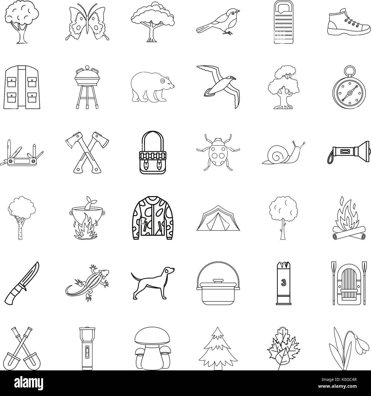 Hiking icons set, outline style Stock Vector