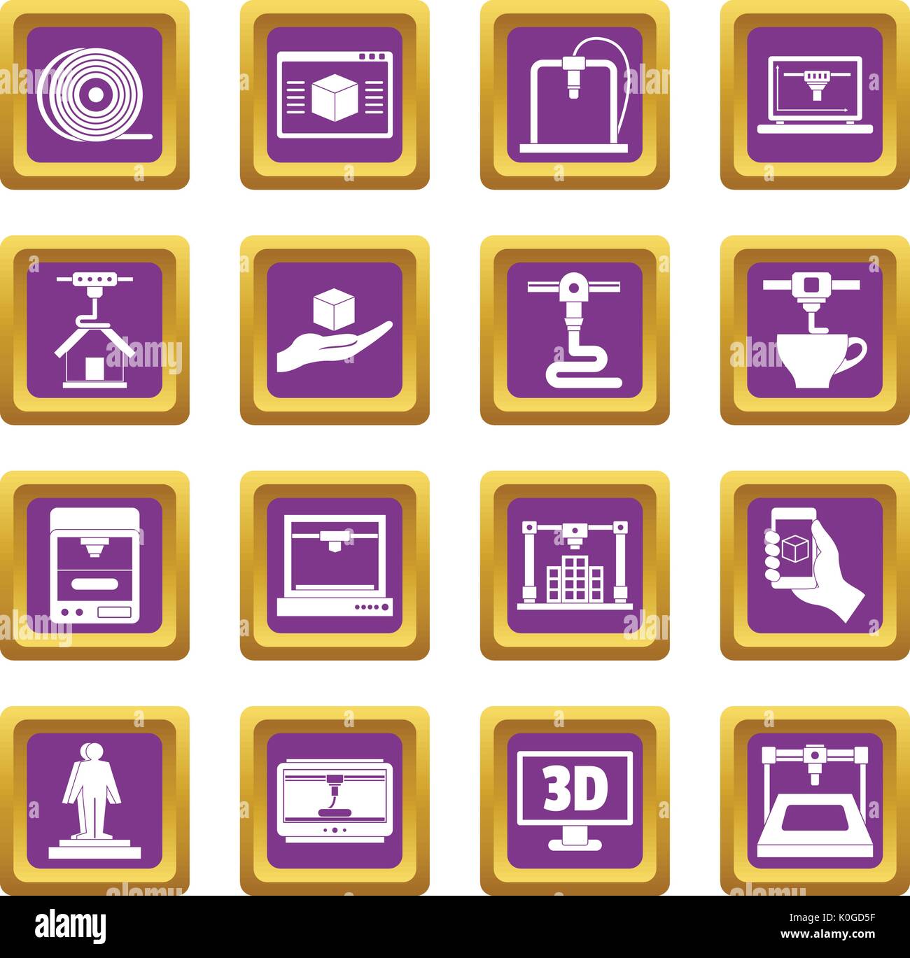 3D Printing icons set purple Stock Vector
