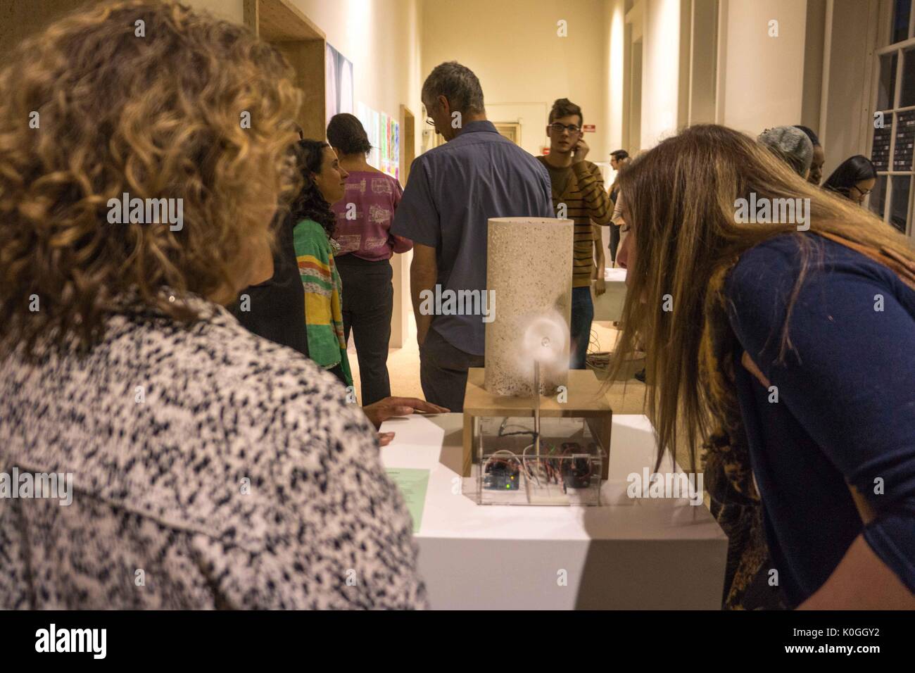 One woman takes a very close look at a piece of artwork on display at the Unravel the Code Opening at The Johns Hopkins University Sheridan Libraries, 2016. Courtesy Eric Chen. Stock Photo