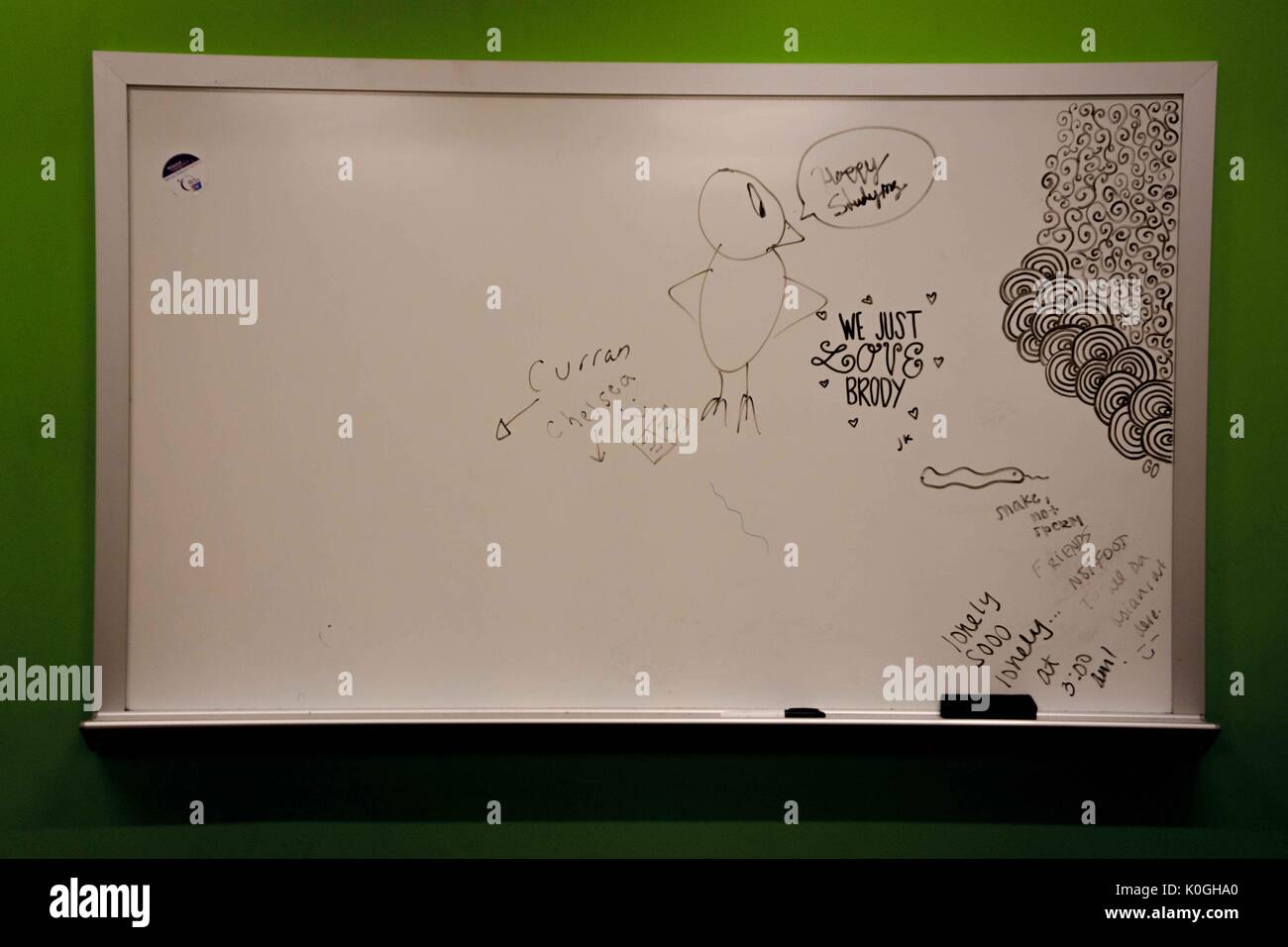 Doodles drawn by college students on a whiteboard in the Brody Learning commons, a study space and library on the Homewood campus of the Johns Hopkins University in Baltimore, Maryland, 2014. Courtesy Eric Chen. Stock Photo