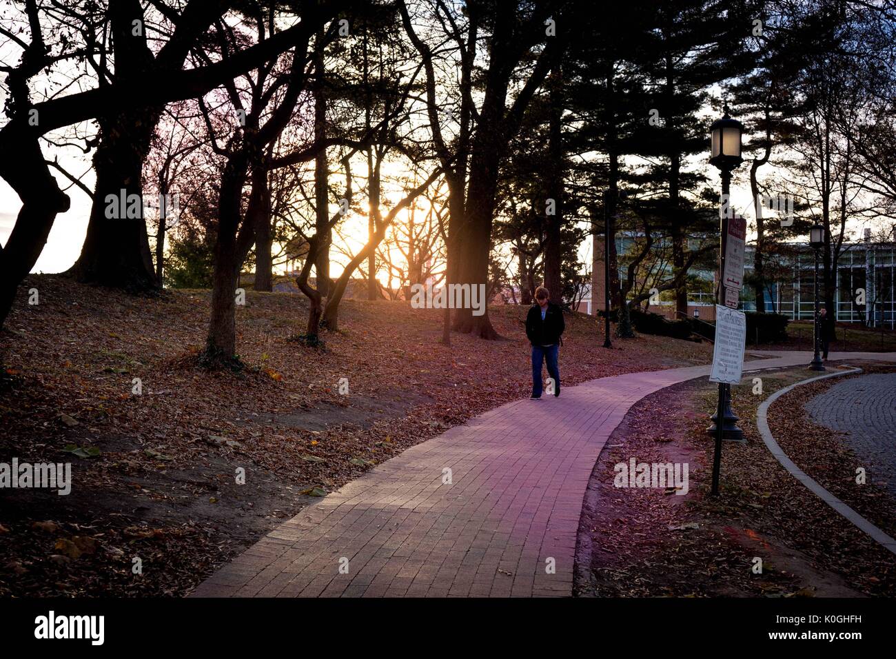 A college student walks down a path leading to the east entrance of the Homewood campus of the the Johns Hopkins University in Baltimore, Maryland, with the Brody Learning Commons, a study space and library, visible behind him, Baltimore, Maryland, 2014. Courtesy Eric Chen. Stock Photo