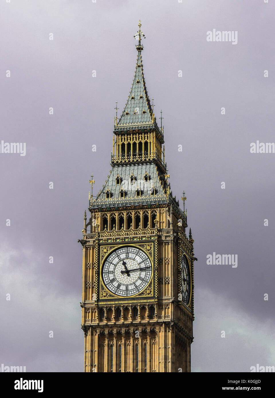 Close up of the clock face of Big Ben in Westminster, London on a clear sunny day. Stock Photo