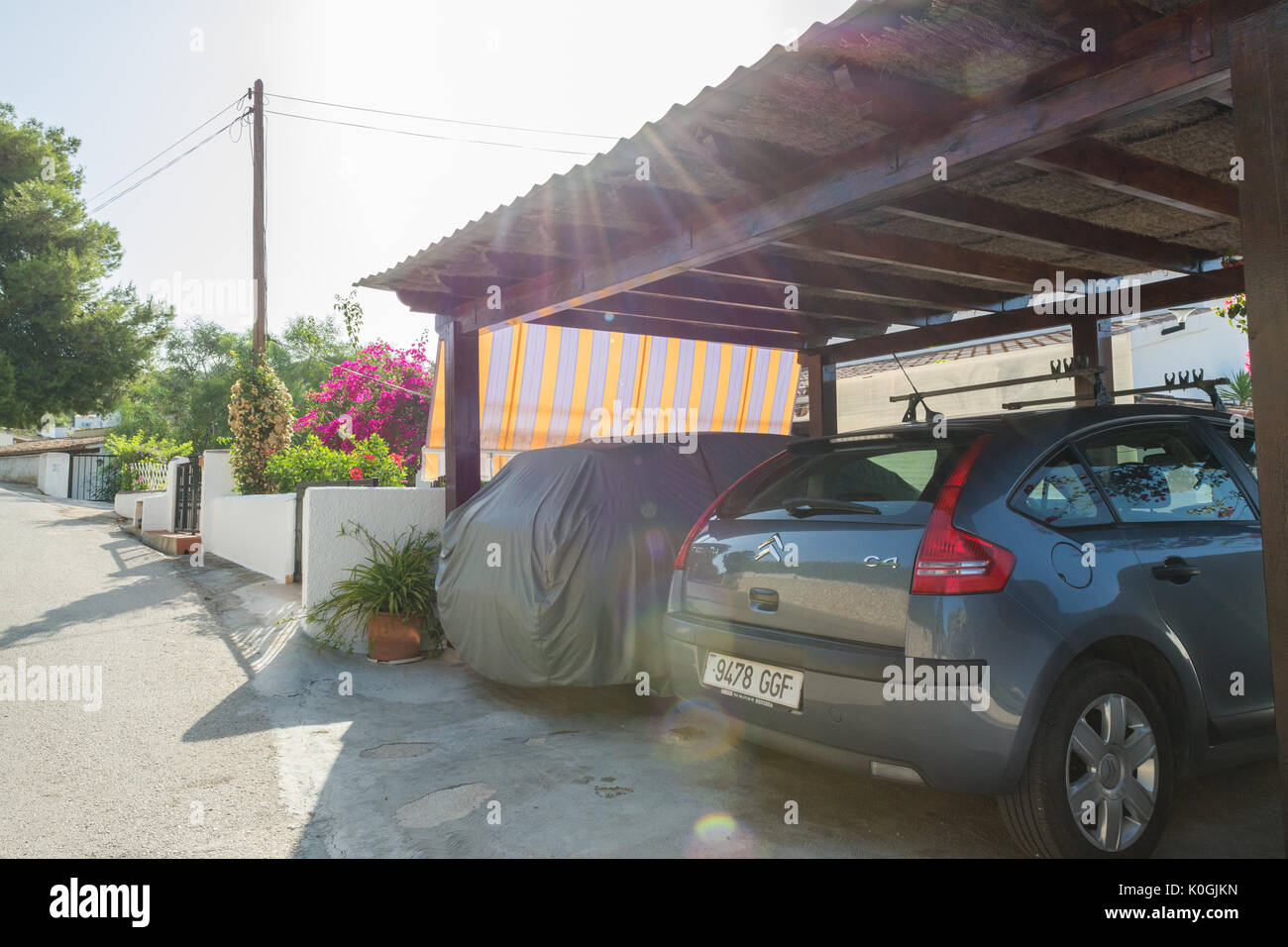 carport with sun shade protection in Spain Stock Photo