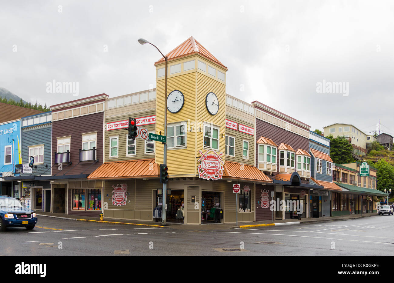 Ketchikan, Alaska, USA July 21th, 2017 The corner of Dock St and