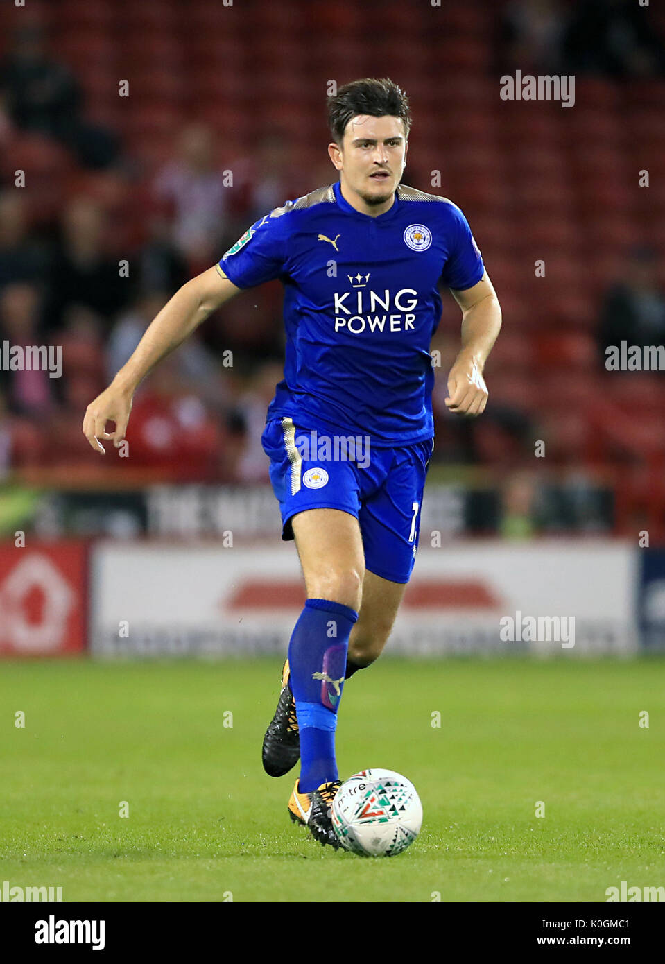 Leicester City's Harry Maguire during the Carabao Cup, Second Round match at Bramall Lane, Sheffield. PRESS ASSOCIATION Photo. Picture date: Tuesday August 22, 2017. See PA story SOCCER Sheff Utd. Photo credit should read: Tim Goode/PA Wire. RESTRICTIONS: No use with unauthorised audio, video, data, fixture lists, club/league logos or 'live' services. Online in-match use limited to 75 images, no video emulation. No use in betting, games or single club/league/player publications. Stock Photo
