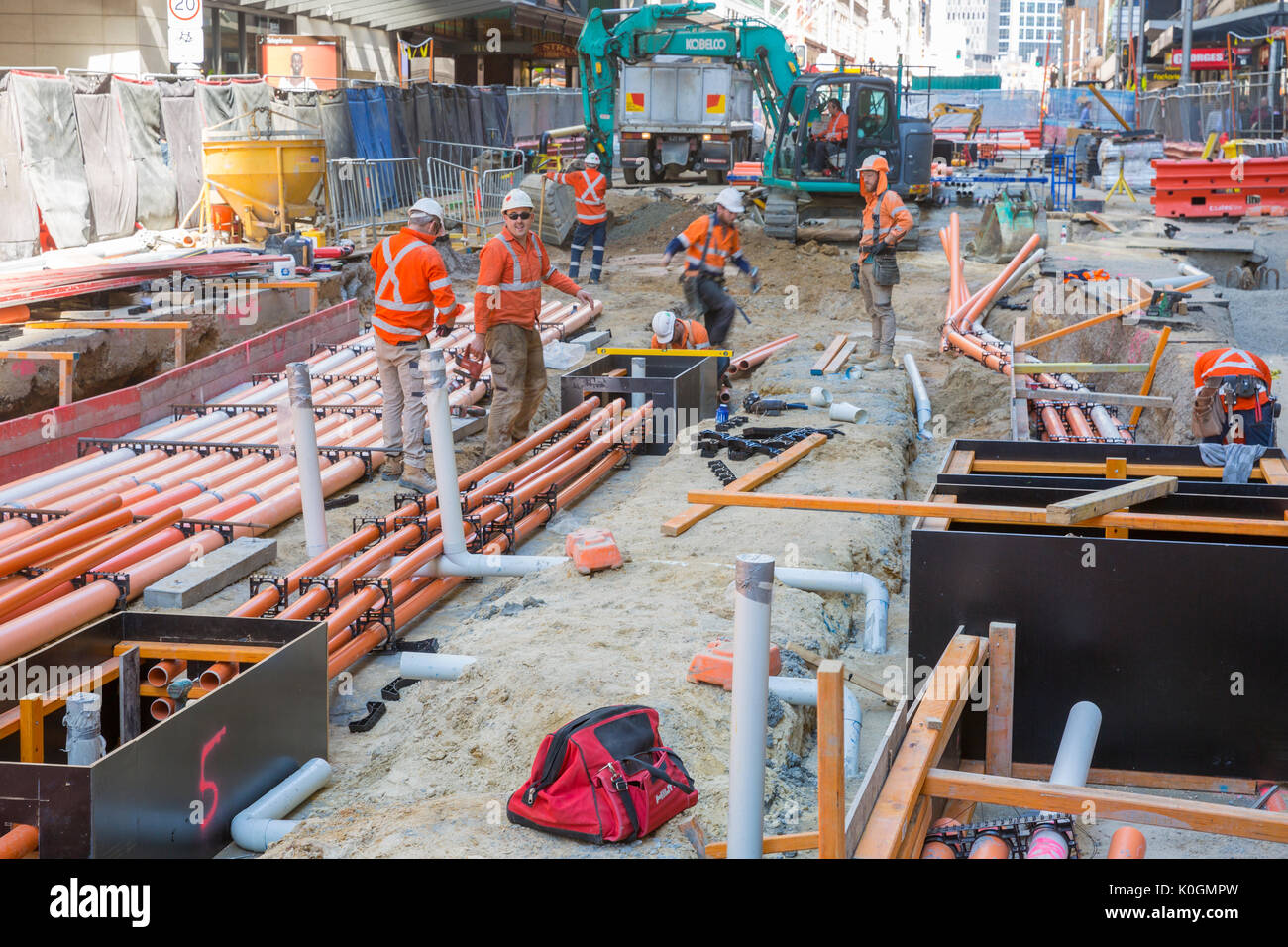 Construction of the Sydney CBD light rail in George street during August 2017, Sydney transport,Australia Stock Photo