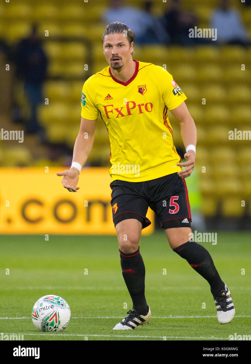 Watford's Sebastian Prodl during the Carabao Cup, Second Round match at Vicarage Road, Watford. PRESS ASSOCIATION Photo. Picture date: Tuesday August 22, 2017. See PA story SOCCER Watford. Photo credit should read: Dominic Lipinski/PA Wire. RESTRICTIONS: EDITORIAL USE ONLY No use with unauthorised audio, video, data, fixture lists, club/league logos or 'live' services. Online in-match use limited to 75 images, no video emulation. No use in betting, games or single club/league/player publications. Stock Photo