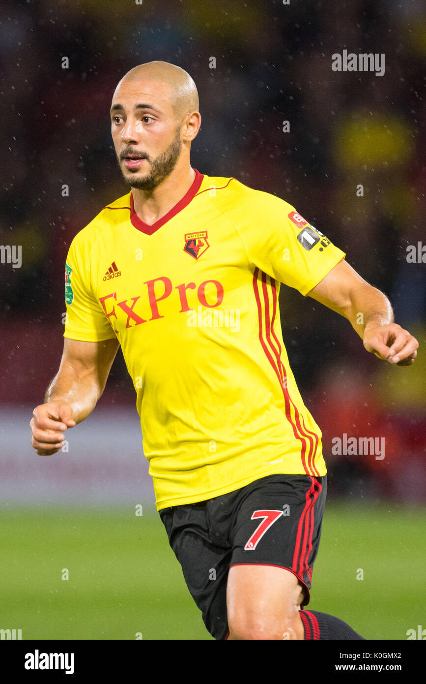 Watford's Nordin Amrabat during the Carabao Cup, Second Round match at Vicarage Road, Watford. PRESS ASSOCIATION Photo. Picture date: Tuesday August 22, 2017. See PA story SOCCER Watford. Photo credit should read: Dominic Lipinski/PA Wire. RESTRICTIONS: No use with unauthorised audio, video, data, fixture lists, club/league logos or 'live' services. Online in-match use limited to 75 images, no video emulation. No use in betting, games or single club/league/player publications. Stock Photo