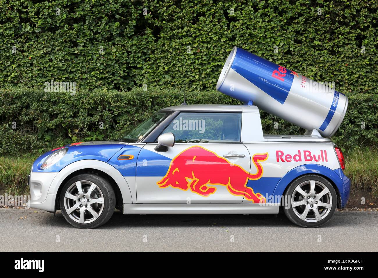 Aarhus, Denmark - August 19, 2017: Red Bull advertising Mini Cooper car in Denmark Stock Photo