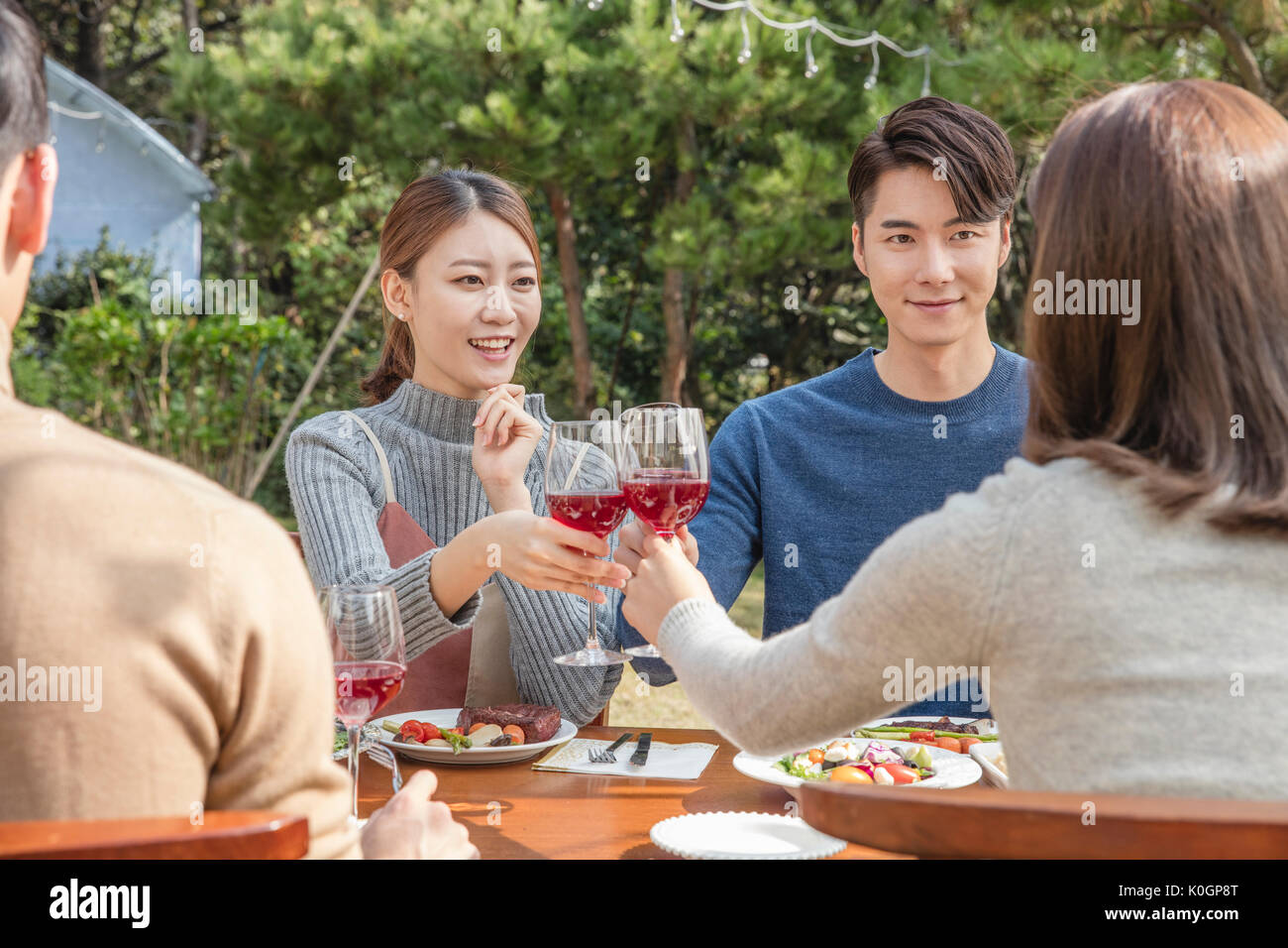 Portrait of young smiling friends toasting with wine glasses at party at garden Stock Photo