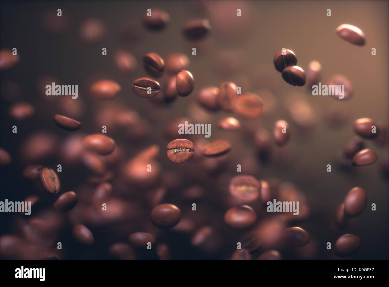 Roasted coffee beans, frozen grain in the air with shallow depth of field. Stock Photo