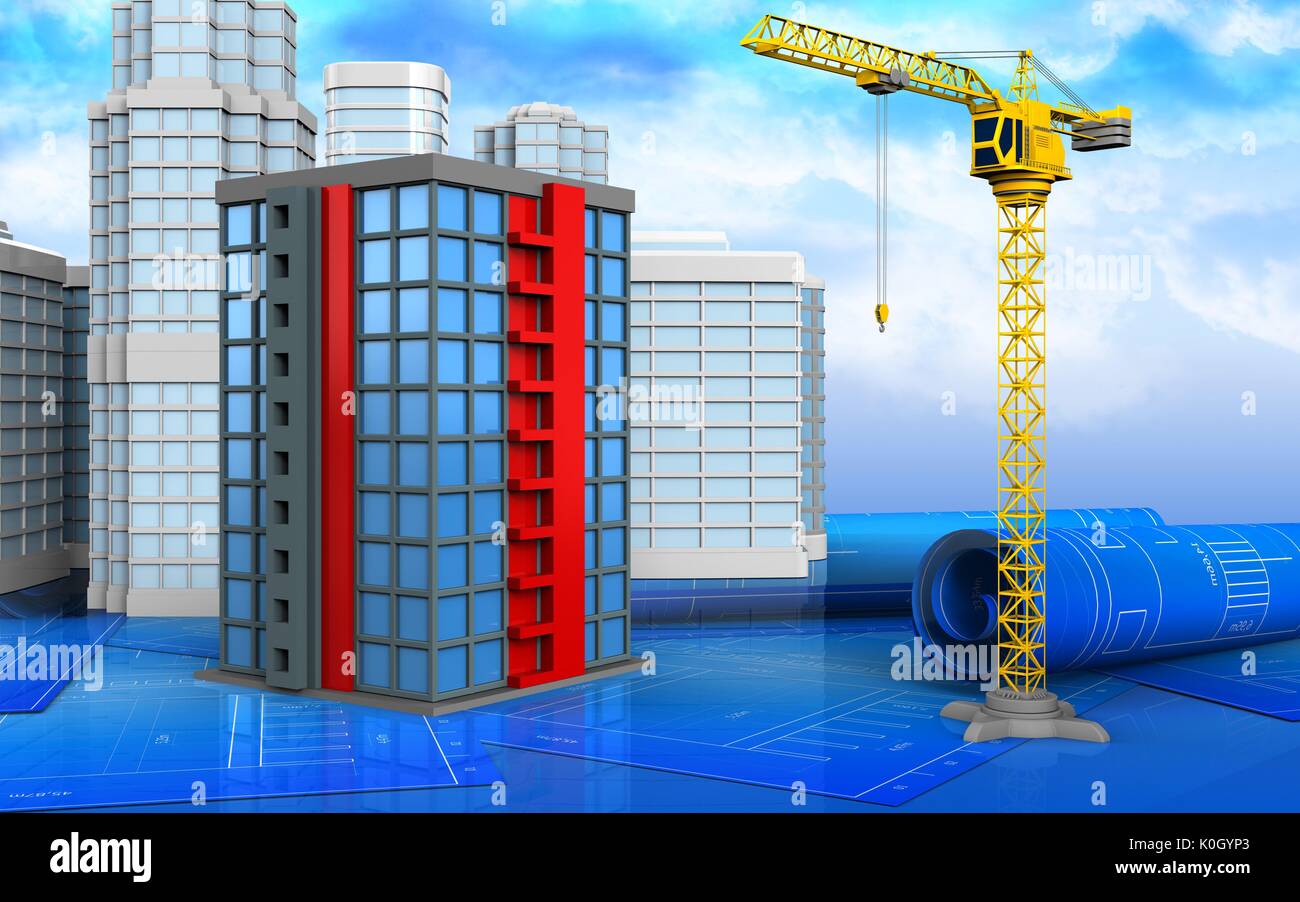 3d illustration of building with urban scene over sky background Stock ...