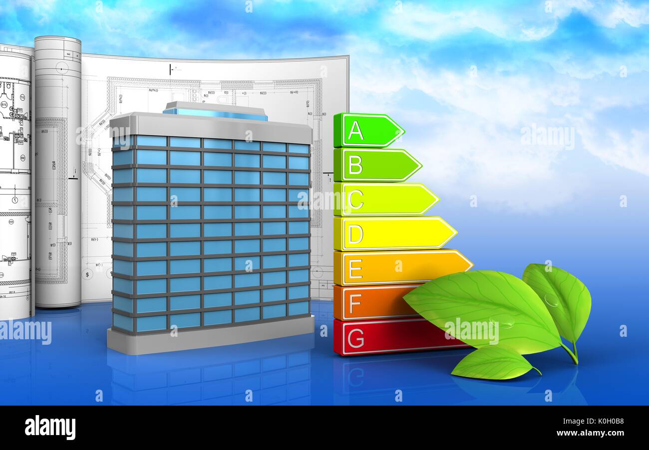 3d illustration of generic building with drawings over sky background ...