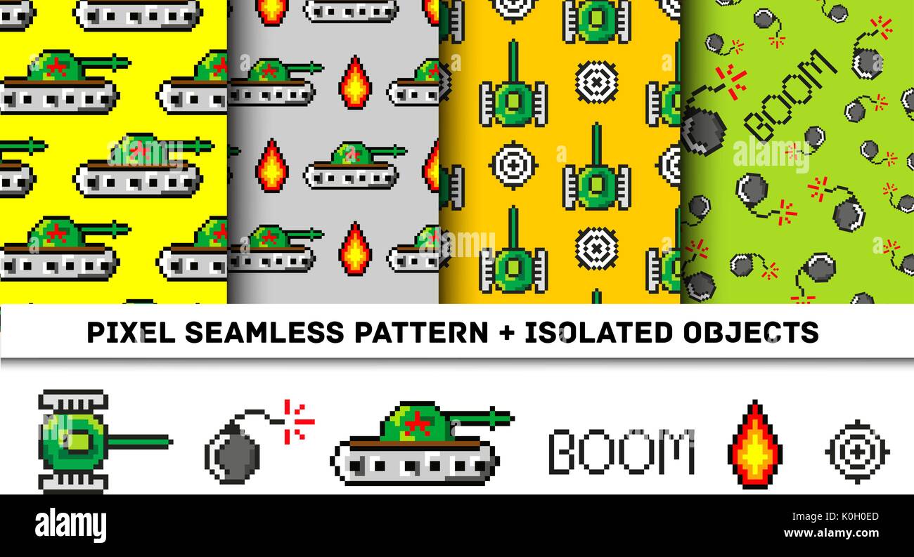 Pixel art vector objects to Fashion seamless pattern. Background with tanks, boom, for boys. trendy 80s-90s   style. Retro computers game isolated elements Stock Vector