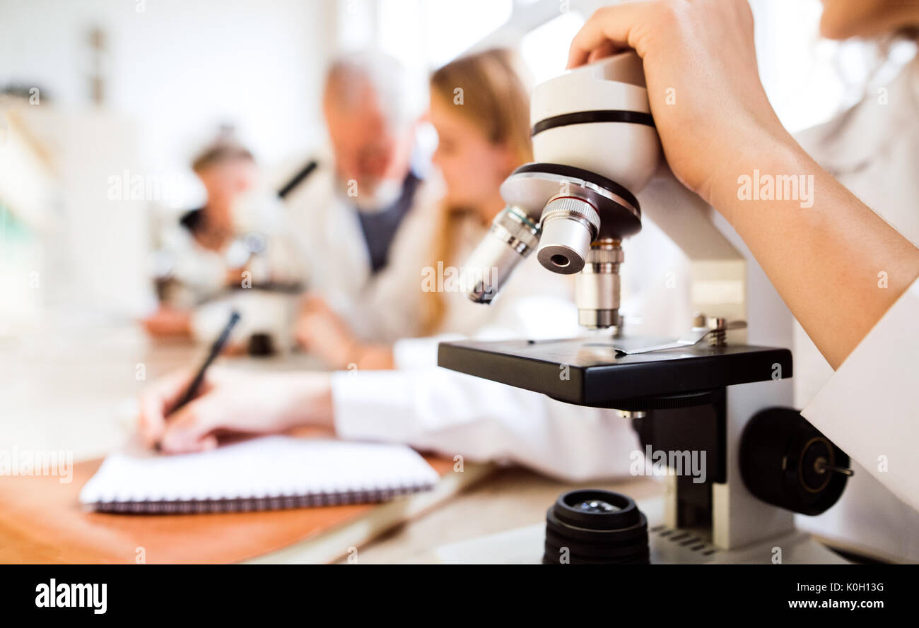 Unrecognizable high school student with microscope in laboratory Stock