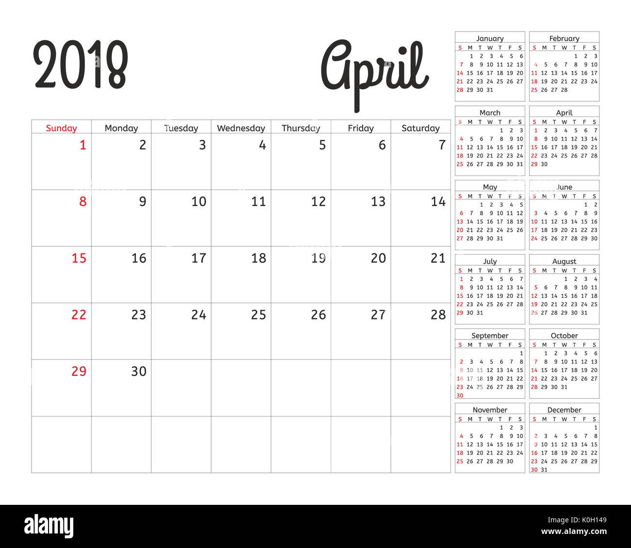 Simple calendar planner for 2018 year. Calendar planning week. design April  template. Set of 12 Months. week starts Sunday Stock Photo - Alamy