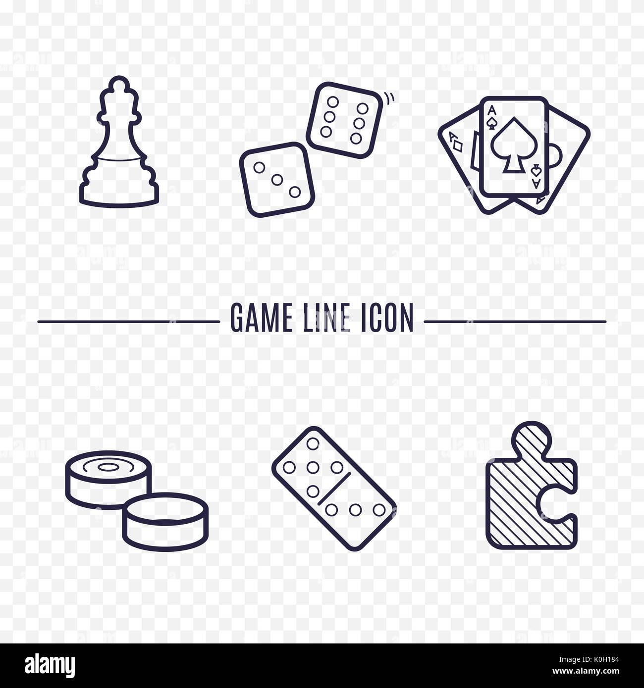 Games linear icons. Chess, dice, cards, checkers and other board games. Game thin linear signs. Outline concept for websites, infographic, mobile app. Stock Photo