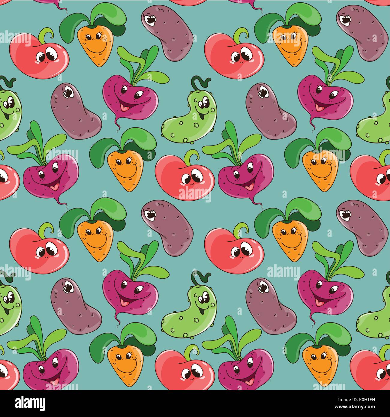 Seamless pattern background with cartoon funny smiling vegetables for kids textile or printing Stock Vector