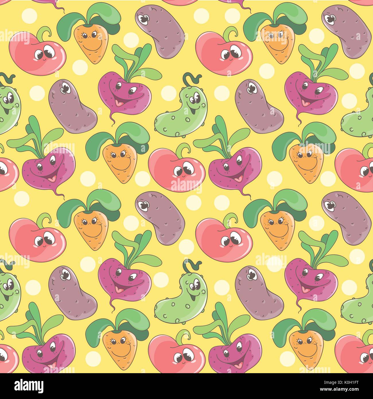 Seamless pattern background with cartoon funny smiling vegetables for kids textile or printing Stock Vector